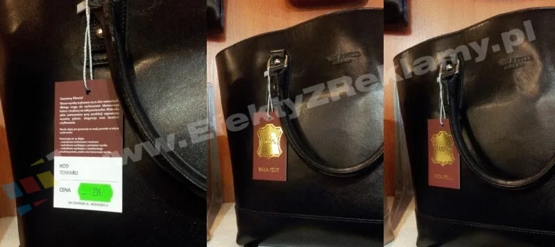 metki z efektem złocenia na ekspozycji sklepowej na skórzanej torebce